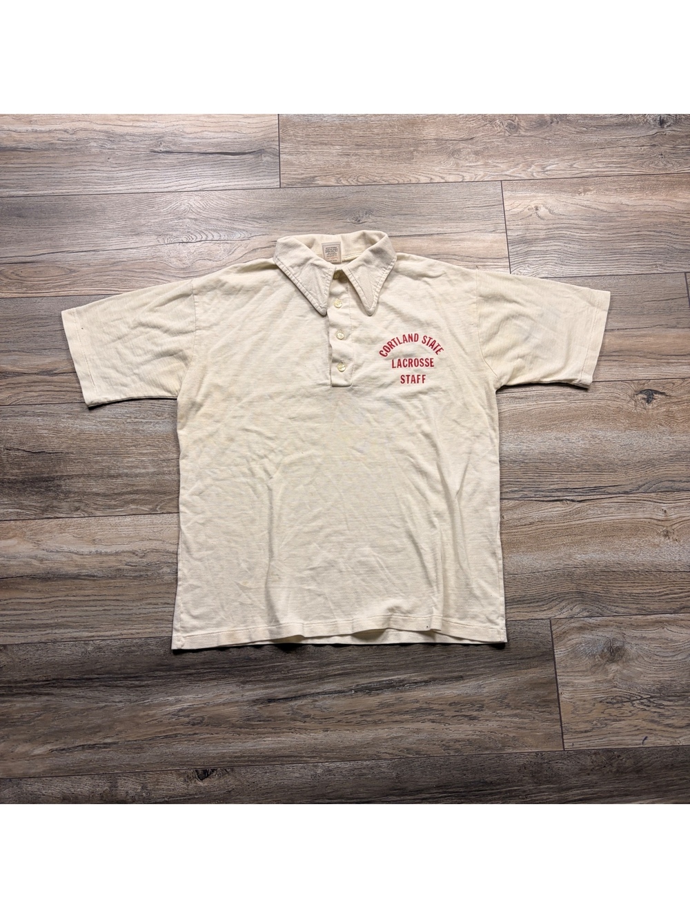 70’s “ Cortland State Lacrosse Staff “ Polo, minor stains, size 20x25